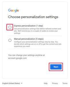 A tutorial on how to leave a GBP review without a Gmail account - Personalization settings screen