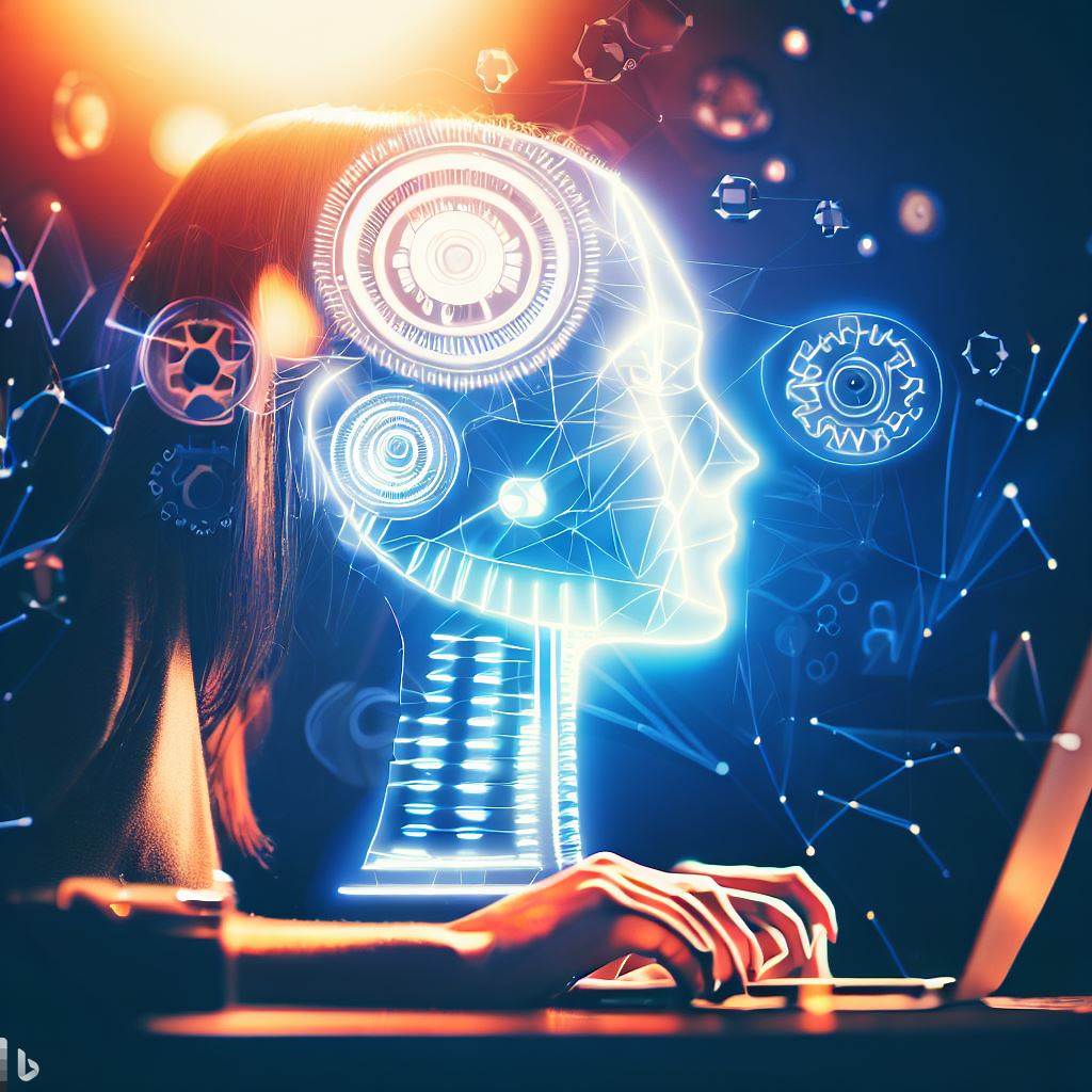Futuristic AI generated image of a woman on a laptop