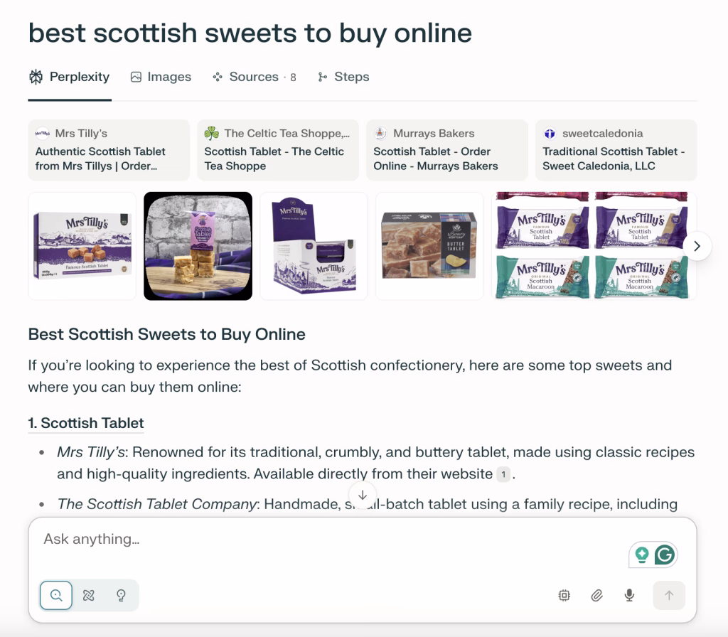 Mrs. Tilly’s ranking in the 'best Scottish sweets to buy online' query on Perplexity.ai