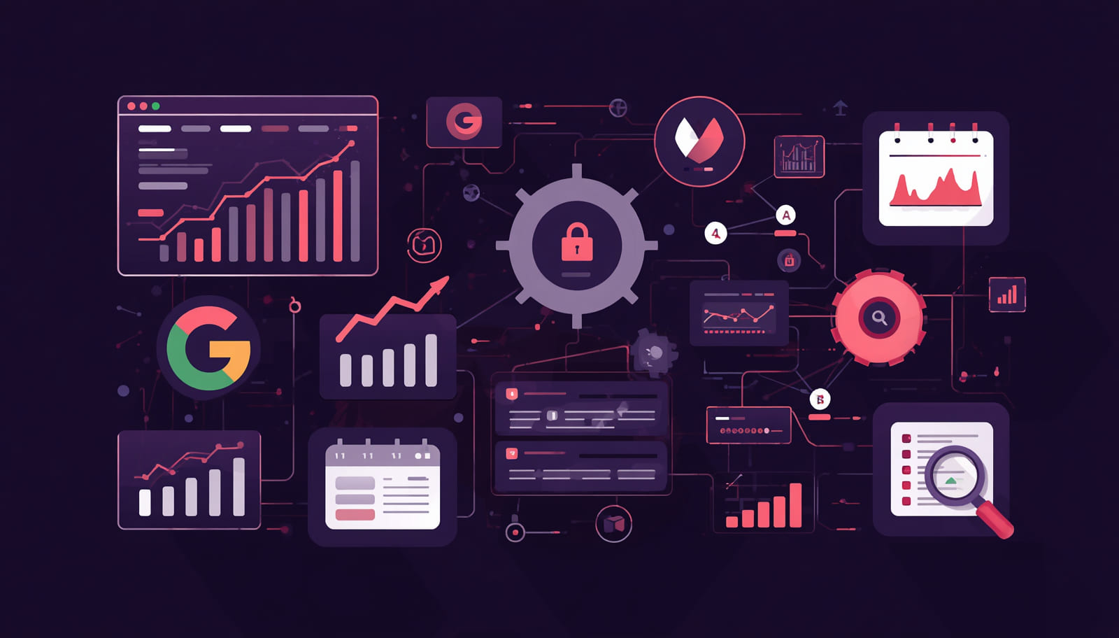GEO and AI-SEO measurement dashboard: search engine logos (Google, ChatGPT, Perplexity, Gemini, Bing), charts trending upward, calendar cadence and a central security gear - the four-layer framework for measuring AI-search visibility across multiple surfaces
