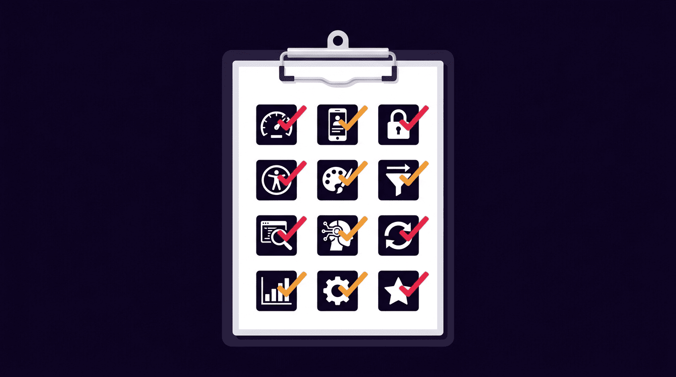 Website audit checklist - flat vector infographic showing 12-point professional services review framework