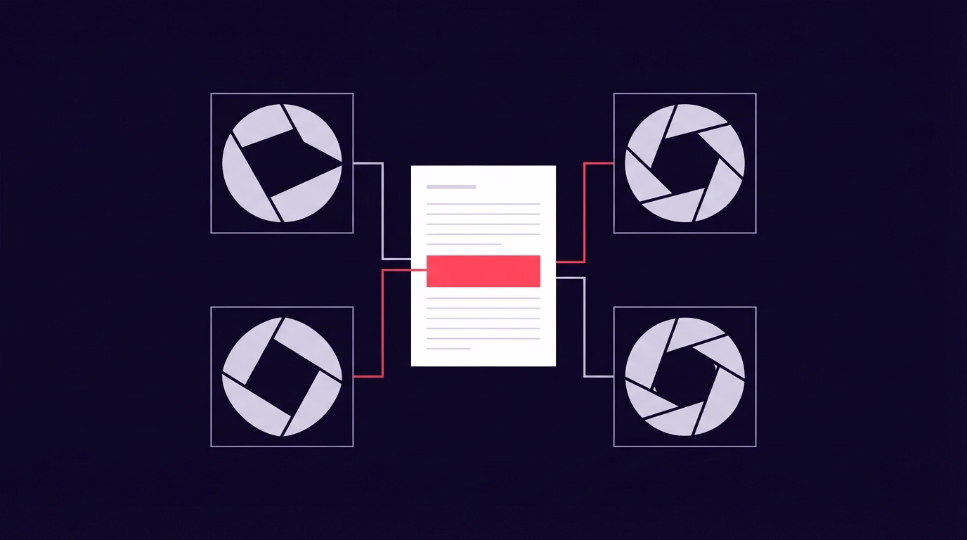 Cuatro lentes abstractas que representan distintos motores de búsqueda con IA leyendo la misma web como fuente
