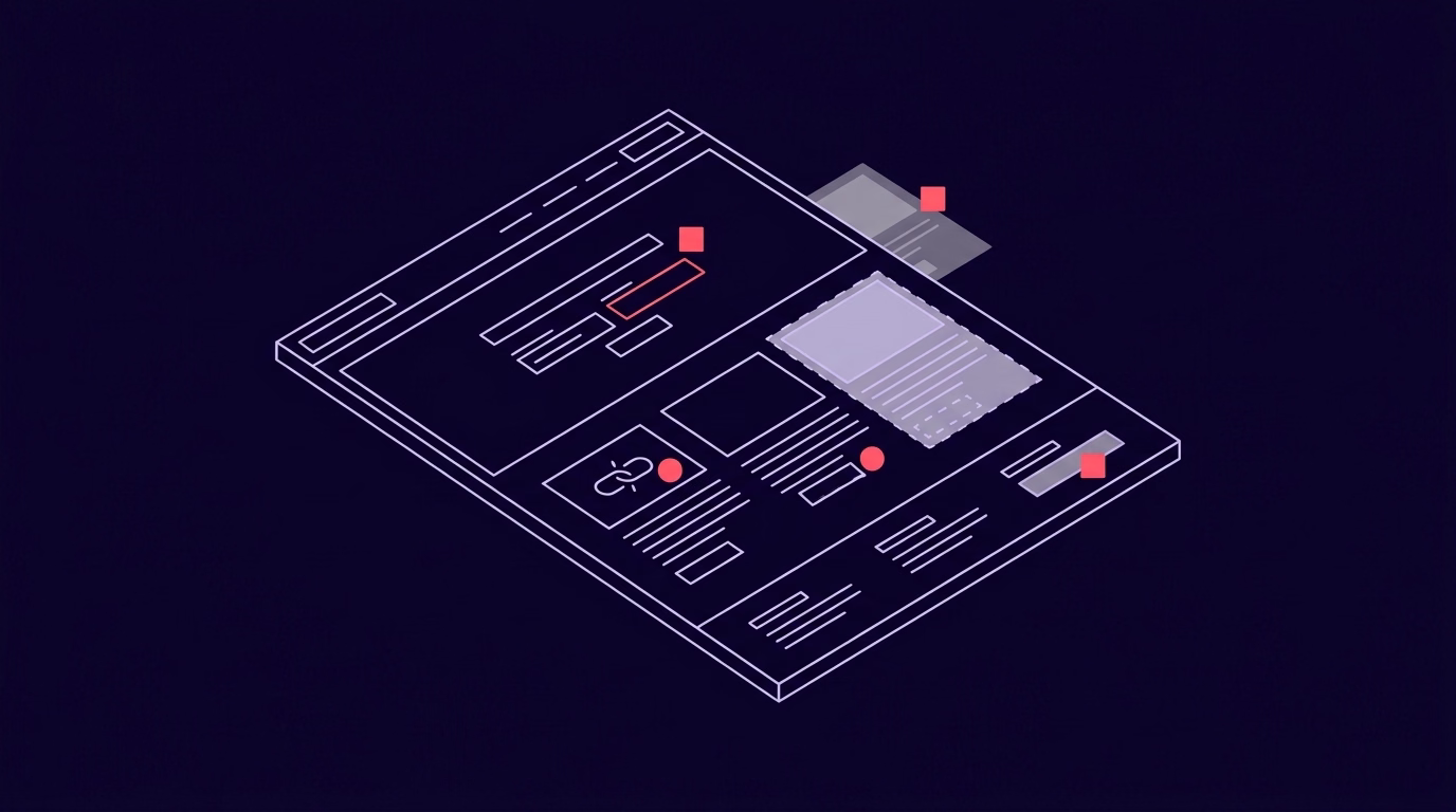 Isometric website wireframe with coral markers pinpointing common website defects that stop AI engines recommending a firm