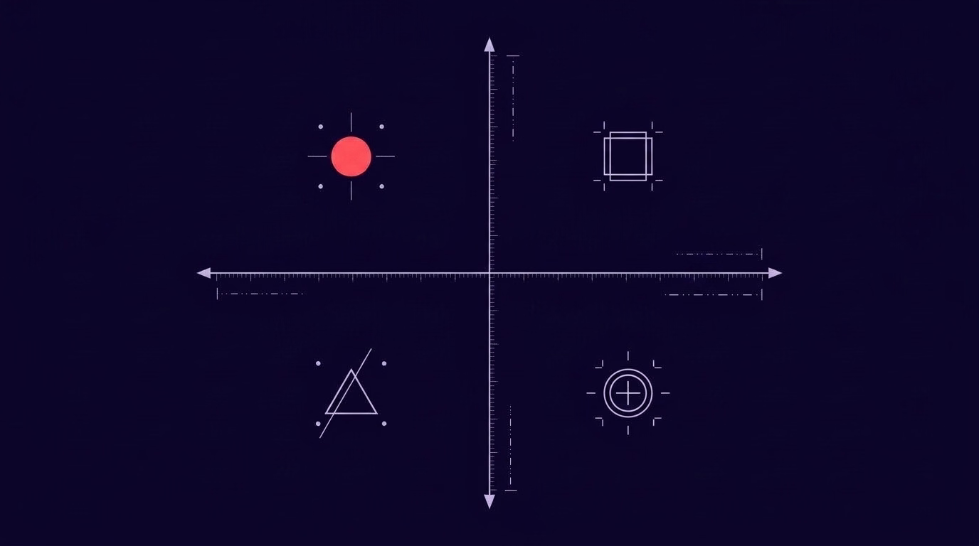 A two-axis quadrant diagram with a distinct marker in each of the four quadrants, the upper left one highlighted