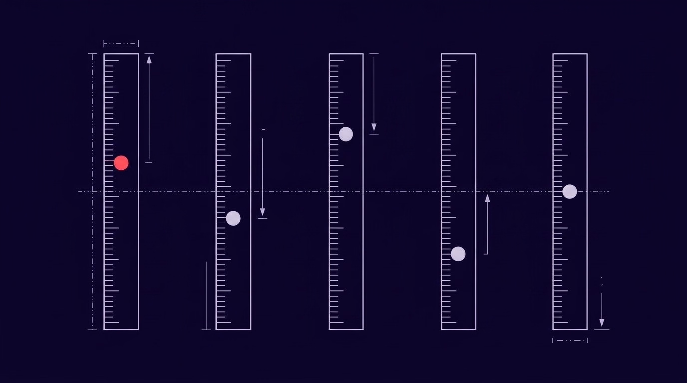 Five identical measurement scales in a row, each showing a reading at a different height around a common average line